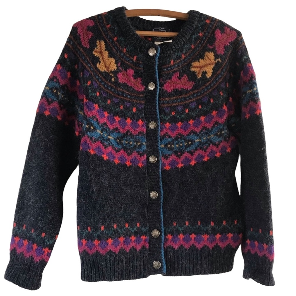 Vintage Woolrich Patterned Colorful Cardigan with Leaves Button Front Size Small - Picture 1 of 5